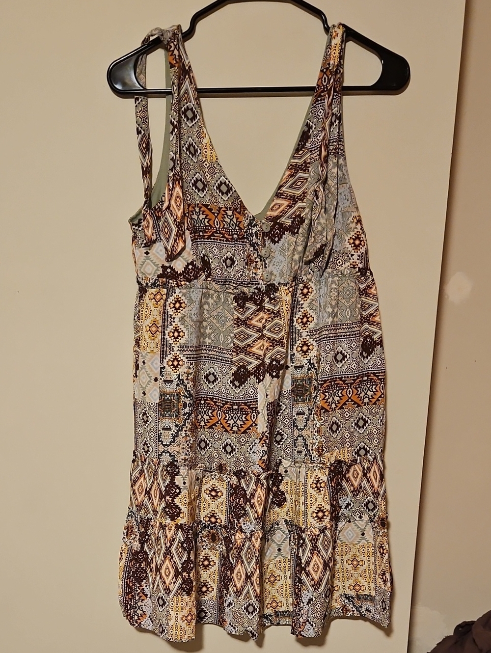 Bohemian Printed V-Neck Mini Dress in Brown and Cream
